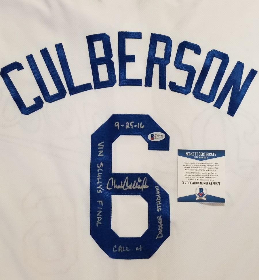 Charlie Culberson autographed baseball jersey with Scully's Final call inscription Beckett COA: Charlie Culberson autographed baseball jersey with Scully's Final call inscription Beckett COA This is a pre-owned baseball jersey signed by Charlie Culberson with the inscription "Scully's Final Call
