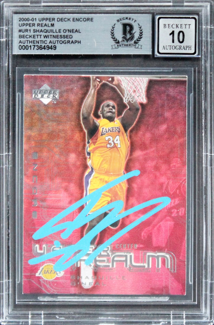 Shaquille O'Neal Signed 2000 Upper Deck Encore UR1 Card Gem Mint 10 Beckett: Shaquille O'Neal Signed 2000 Upper Deck Encore UR1 Card Gem Mint 10 Beckett This is a signed 2000 Upper Deck Encore Upper Realm #UR1 card featuring basketball legend Shaquille O'Neal, a prominent play