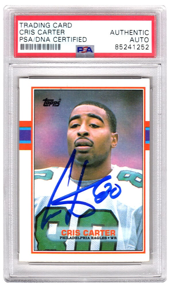 Cris Carter Signed 1989 Topps Rookie Card #121 PSA Certified Eagles: Cris Carter Signed 1989 Topps Rookie Card #121 PSA Certified Eagles This is a signed Cris Carter rookie card from the 1989 Topps football series, featuring the Philadelphia Eagles. The card is encapsu