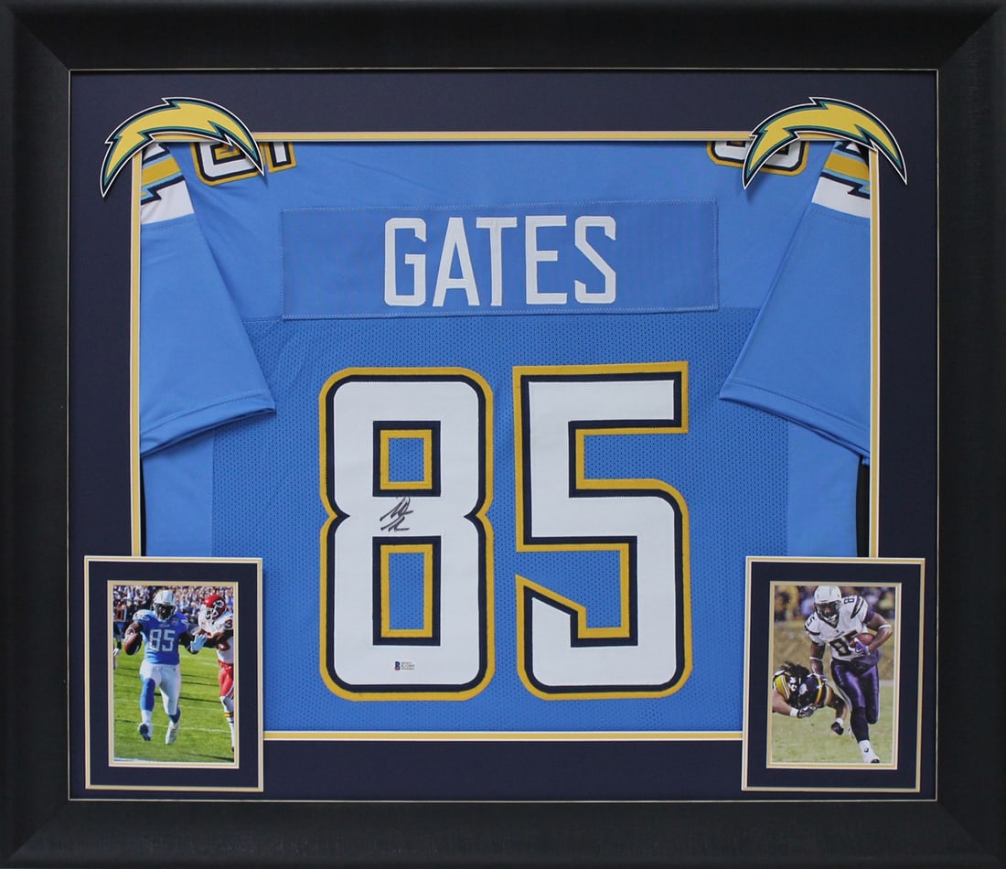 Antonio Gates Signed Framed Powder Blue Jersey BAS Witnessed San Diego Chargers: Antonio Gates Signed Framed Powder Blue Jersey BAS Witnessed San Diego Chargers This authentic autographed powder blue Pro Style framed jersey, featuring Antonio Gates of the San Diego Chargers, is a