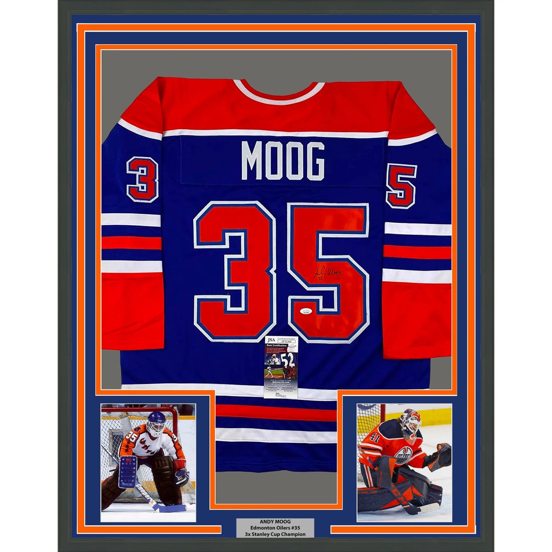 Framed Andy Moog Autographed Edmonton Oilers Jersey with JSA COA: Framed Andy Moog Autographed Edmonton Oilers Jersey with JSA COA This stunning framed autographed Andy Moog jersey showcases the legendary goaltender of the Edmonton Oilers. The item features a vibran