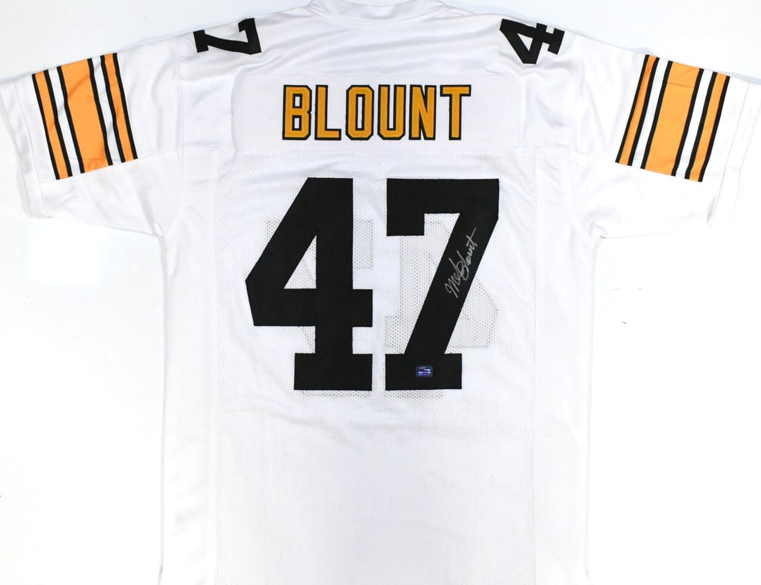 Signed Mel Blount White Football Jersey Pittsburgh Steelers Pro Style: Signed Mel Blount White Football Jersey Pittsburgh Steelers Pro Style This white pro style football jersey is autographed by Mel Blount and represents the Pittsburgh Steelers. The jersey is an origina