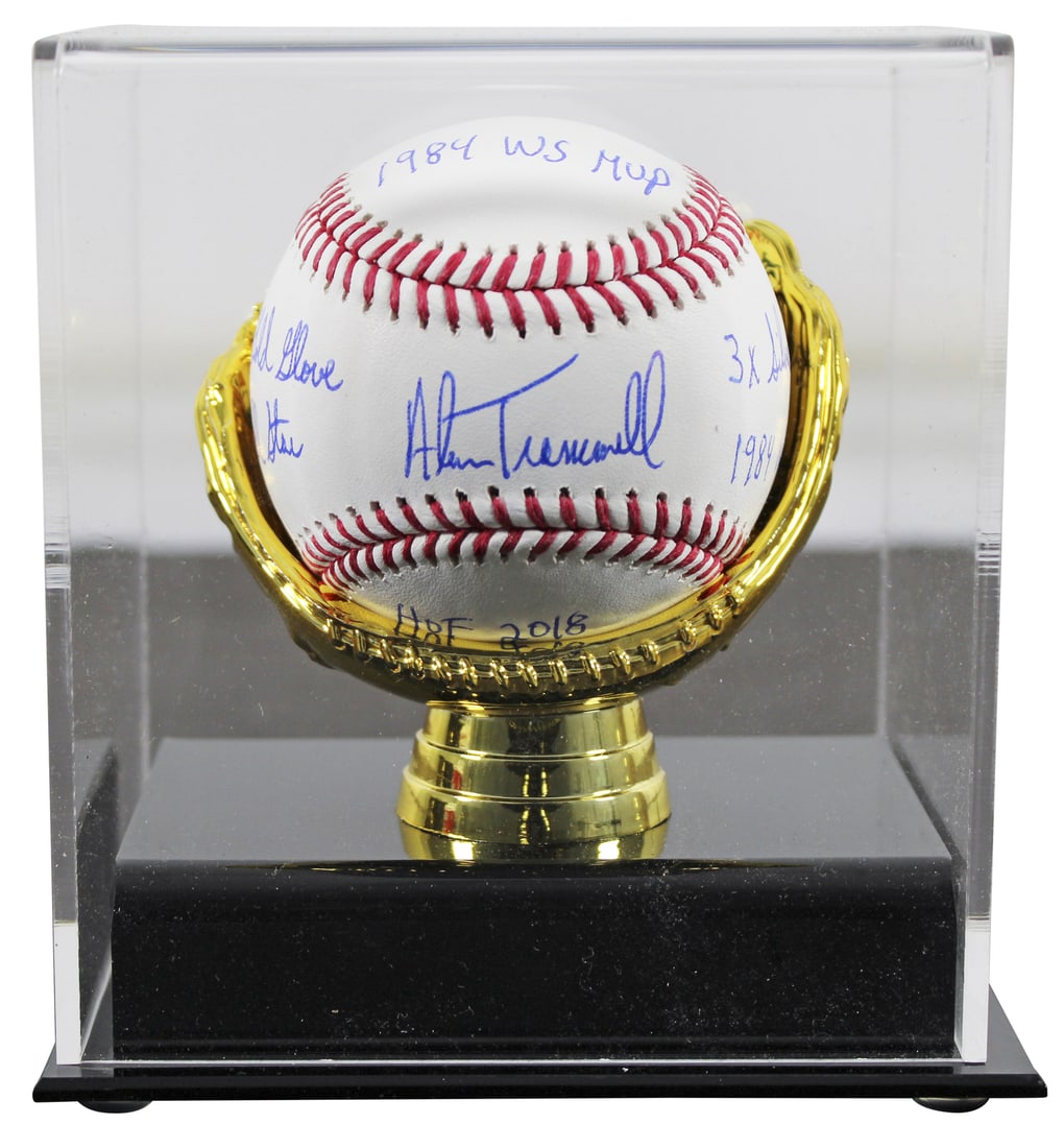 Alan Trammell Signed OML Baseball with Inscription in Acrylic Case: Alan Trammell Signed OML Baseball with Inscription in Acrylic Case Celebrate the legacy of Alan Trammell with this authentic signed OML baseball, featuring an impressive inscription of his career achi