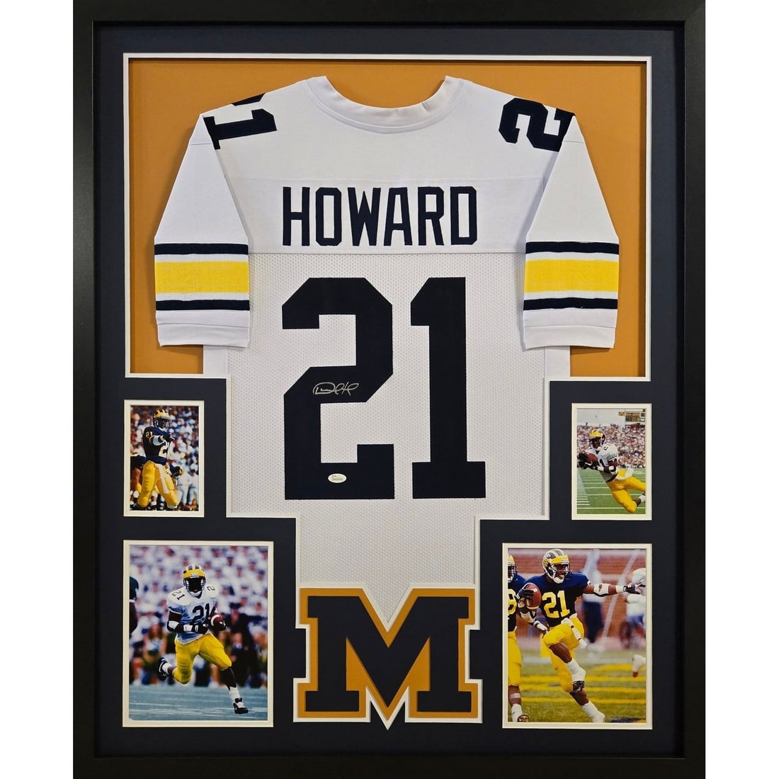 Desmond Howard Signed Framed Jersey JSA Authenticated Michigan 42x34: Desmond Howard Signed Framed Jersey JSA Authenticated Michigan 42x34 This is an autographed Desmond Howard framed jersey, showcasing the iconic Michigan logo. Authenticated by JSA, a leader in sports