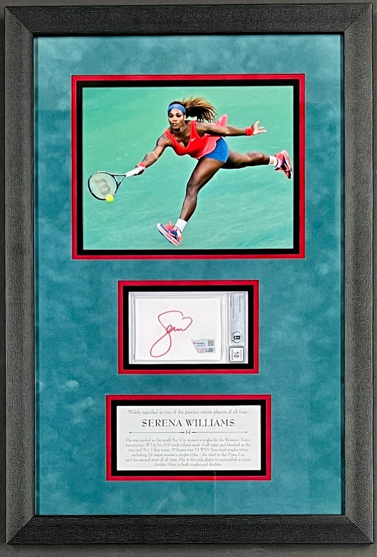 Serena Williams Signed Cut Custom Framed Display BAS Gem Mint 10 22 x 15: Serena Williams Signed Cut Custom Framed Display BAS Gem Mint 10 22 x 15 This striking custom framed display features a signed cut from tennis superstar Serena Williams, authenticated by Beckett Authe