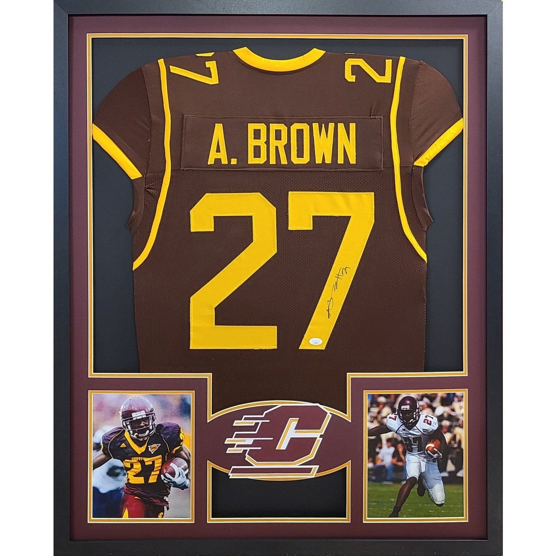 Antonio Brown Framed Autographed Jersey JSA Central Michigan: Antonio Brown Framed Autographed Jersey JSA Central Michigan This is an autographed Antonio Brown framed jersey, showcasing a remarkable display of sports memorabilia. Authenticated by JSA, a leading