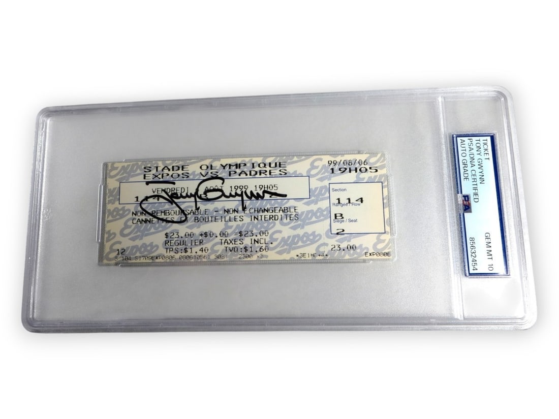 Tony Gwynn Autographed Ticket Stub PSA/DNA Padres vs Expos: Tony Gwynn Autographed Ticket Stub PSA/DNA Padres vs Expos This is an original ticket stub from a game featuring Tony Gwynn, the legendary player of the San Diego Padres, versus the Montreal Expos. Th