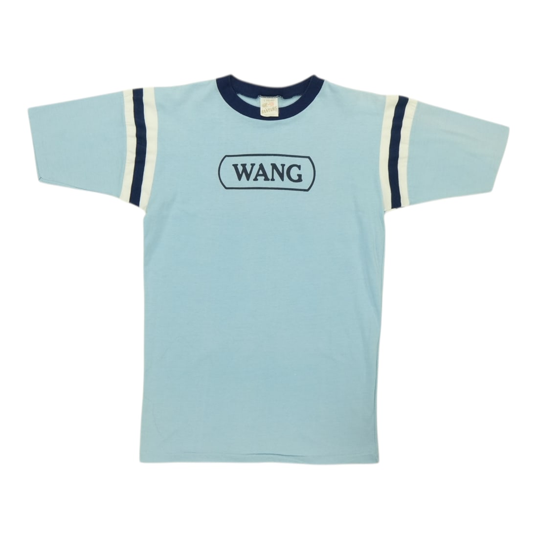 Vintage Blue Poly Cotton Wang Computers Graphic Tee from the 1980s: Vintage Blue Poly Cotton Wang Computers Graphic Tee from the 1980s This is an original vintage 1980s Wang Computers shirt, featuring graphics on both the front and back. The shirt is made from a 50/50