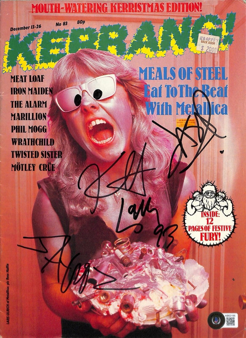 Kerrang Magazine Autographed by Metallica Second Lineup Beckett Authenticated: Kerrang Magazine Autographed by Metallica Second Lineup Beckett Authenticated This is an original issue of Kerrang! Magazine autographed by Metallica's second lineup members: James Hetfield, Lars Ulri