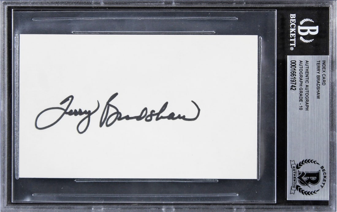 Terry Bradshaw Signed 3x5 Index Card Gem Mint 10 Beckett Authenticated: Terry Bradshaw Signed 3x5 Index Card Gem Mint 10 Beckett Authenticated This authentic 3x5 index card features the signature of Terry Bradshaw, the legendary quarterback of the Pittsburgh Steelers. Gra