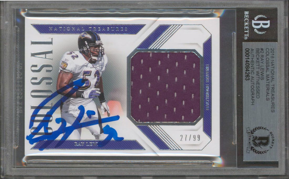 Ray Lewis Autographed 2018 National Treasures Card 27/99 Gem Mint 10 BAS Slabbed: Ray Lewis Autographed 2018 National Treasures Card 27/99 Gem Mint 10 BAS Slabbed This remarkable 2018 National Treasures Colossal Materials #2 card, numbered 27/99, features a stunning autograph from