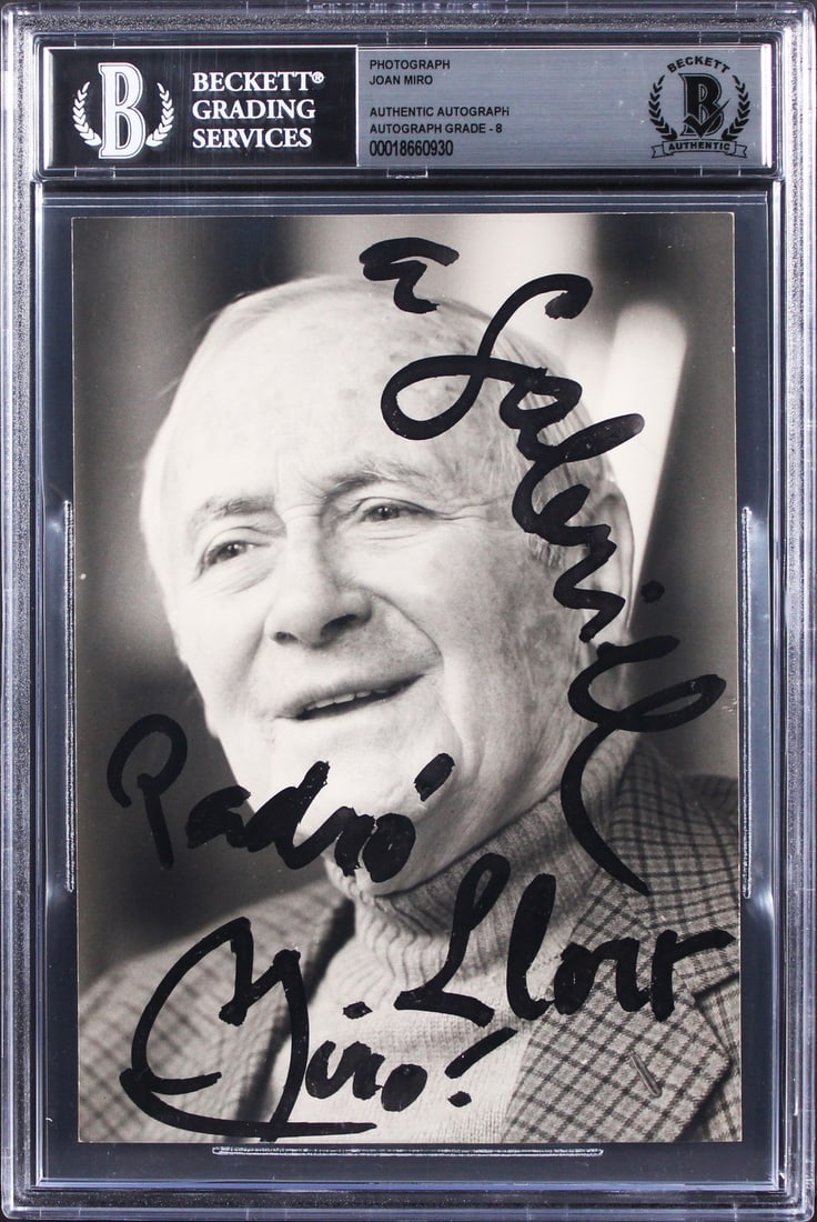 Joan Miro Signed 5x7 Black and White Photo Authenticated by Beckett: Joan Miro Signed 5x7 Black and White Photo Authenticated by Beckett This authentic 5x7 black and white photo has been personally signed by renowned artist Joan Miro. Graded Near Mint-Mint 8 by Beckett