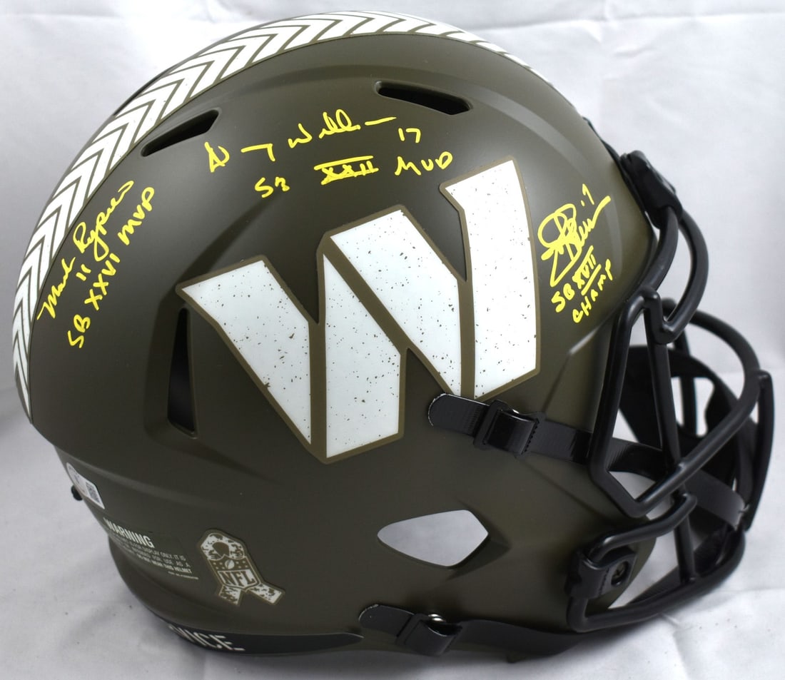 Washington Football Signed Salute Speed Helmet by Rypien Williams Theismann Beckett Authenticated: Washington Football Signed Salute Speed Helmet by Rypien Williams Theismann Beckett Authenticated This original Washington Football Team full-size salute speed helmet is signed by three notable player