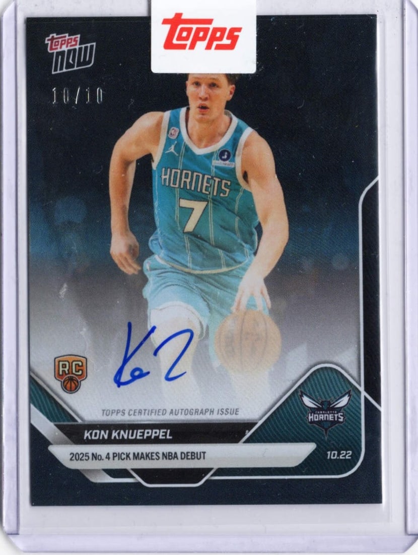Kon Knueppel Black Foil Autograph Card 2025 Topps Now Rookie Hornets #10A /10: Kon Knueppel Black Foil Autograph Card 2025 Topps Now Rookie Hornets #10A /10 This is a 2025 Topps Now Kon Knueppel #10A Black Foil Auto rookie card featuring Kon Knueppel of the Charlotte Hornets. Th