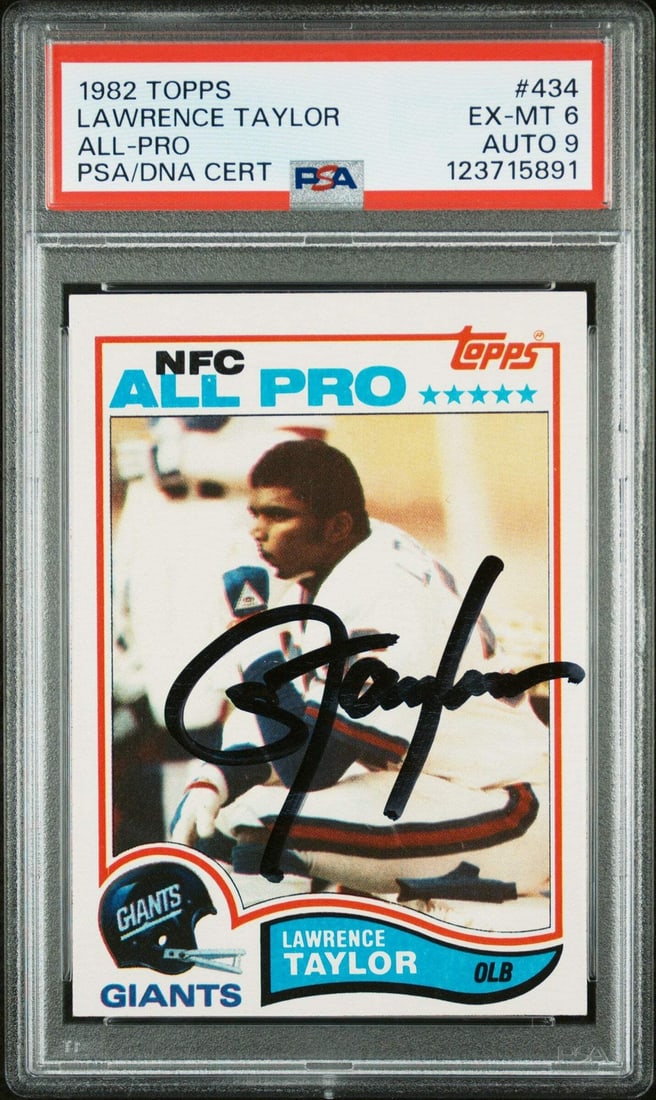 Lawrence Taylor 1982 Topps Rookie Card PSA 6 Autograph PSA 9: Lawrence Taylor 1982 Topps Rookie Card PSA 6 Autograph PSA 9 This is an original 1982 Topps Lawrence Taylor #434 rookie card, signed by Lawrence Taylor. The card has been encapsulated and graded by Pr