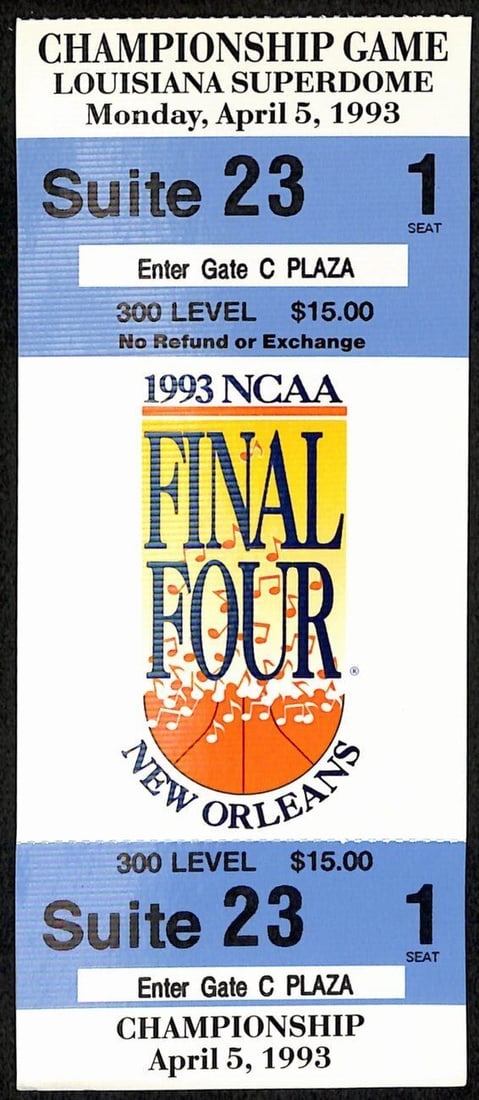 1993 NCAA Final Four Michigan vs UNC Full Ticket Chris Webber Timeout: 1993 NCAA Final Four Michigan vs UNC Full Ticket Chris Webber Timeout Offered is an original full ticket from the 1993 NCAA National Basketball Championship game between the University of North Caroli