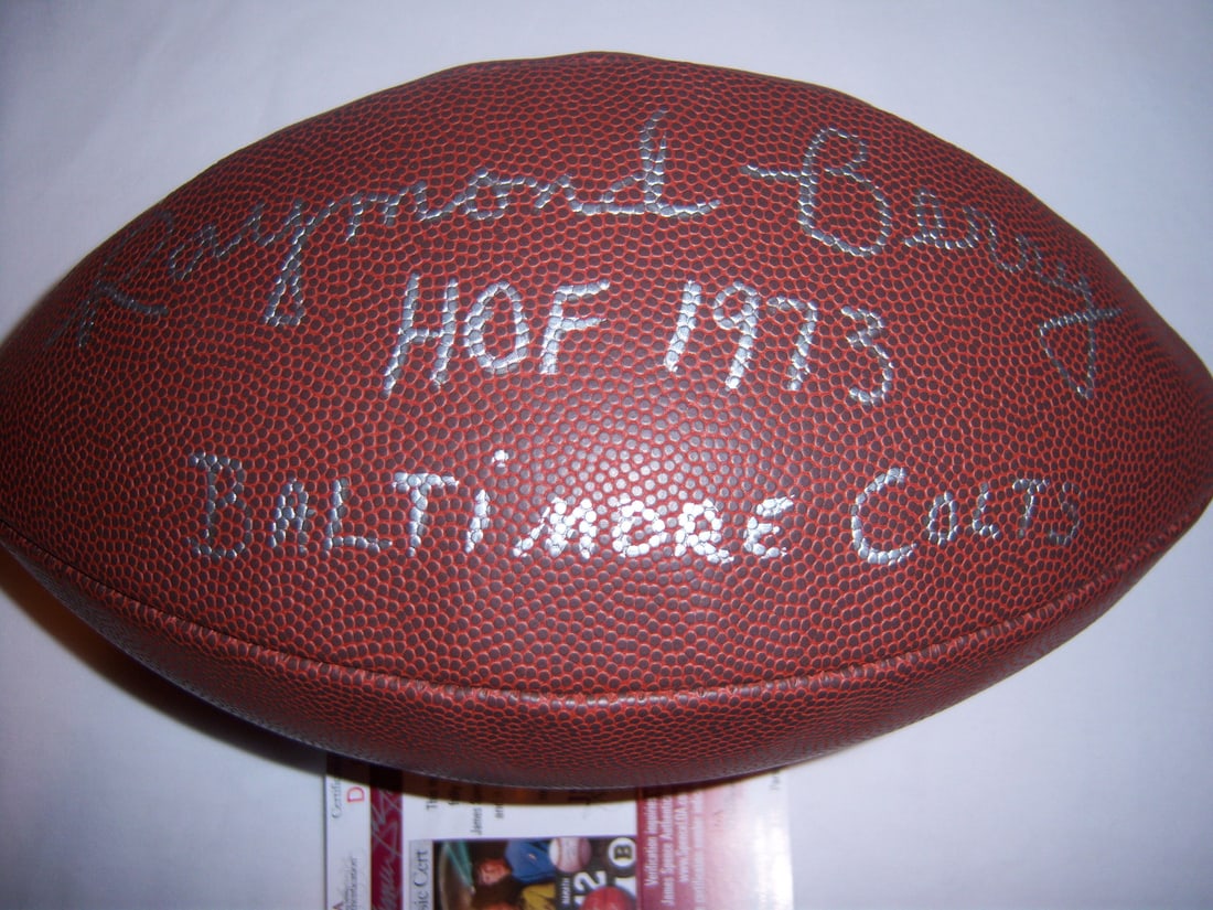 Signed NFL Football by Raymond Berry with JSA COA Hall of Fame Inscription: Signed NFL Football by Raymond Berry with JSA COA Hall of Fame Inscription This is an original NFL football signed by Raymond Berry of the Colts. The autograph is authenticated by JSA/COA, making it a