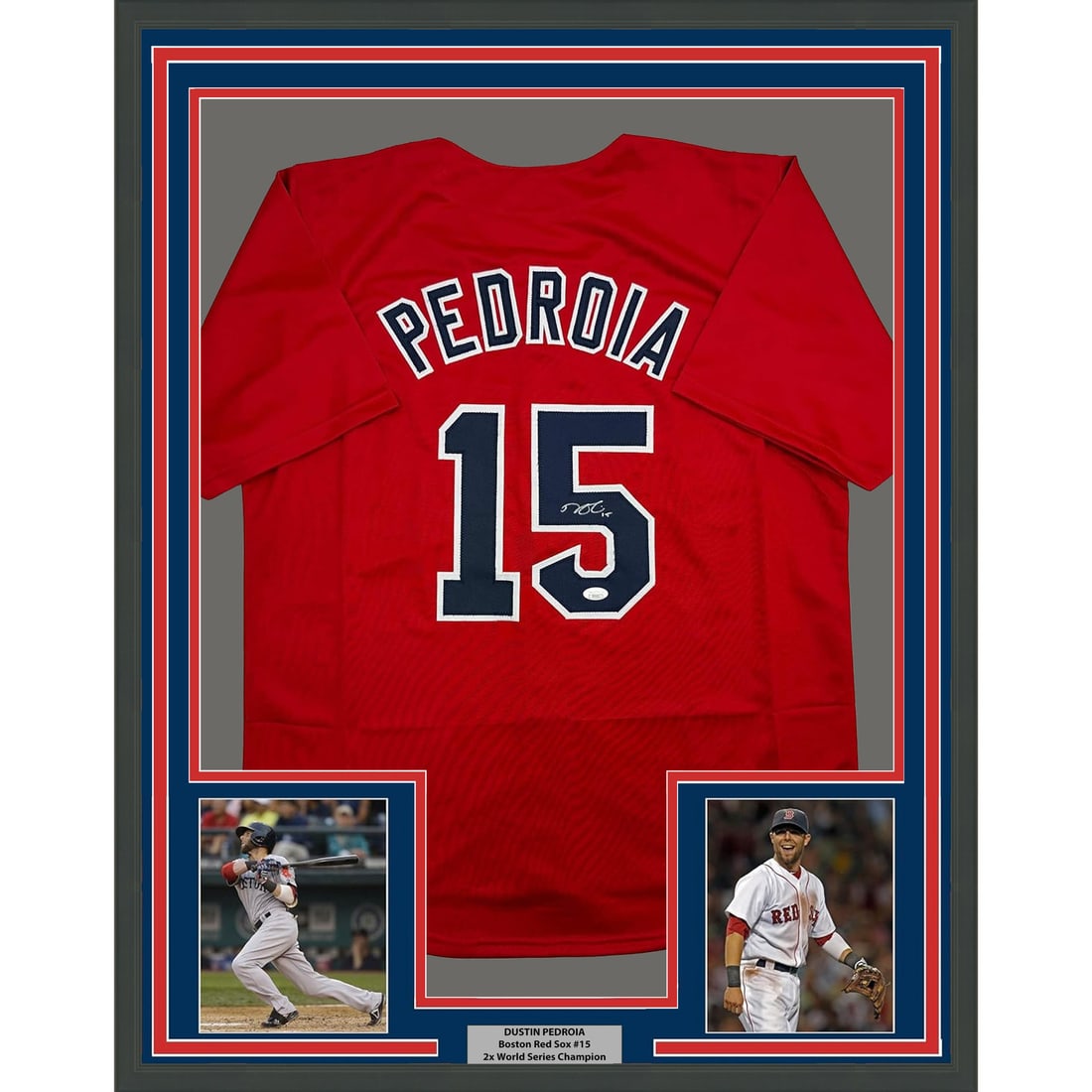 Dustin Pedroia Signed Boston Red Sox Jersey Display 35x39 Framed with JSA COA: Dustin Pedroia Signed Boston Red Sox Jersey Display 35x39 Framed with JSA COA This is a professionally framed and matted Boston Red Sox red jersey autographed by Dustin Pedroia. The display includes t