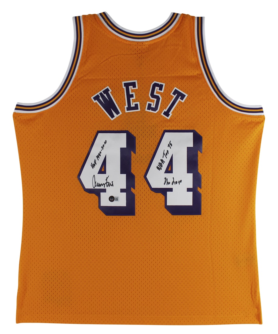 Jerry West Signed Lakers Jersey with 3x Inscription BAS COA: Jerry West Signed Lakers Jersey with 3x Inscription BAS COA Celebrate the legacy of basketball legend Jerry West with this original, autographed yellow Mitchell & Ness Hardwood Classics Swingman jerse