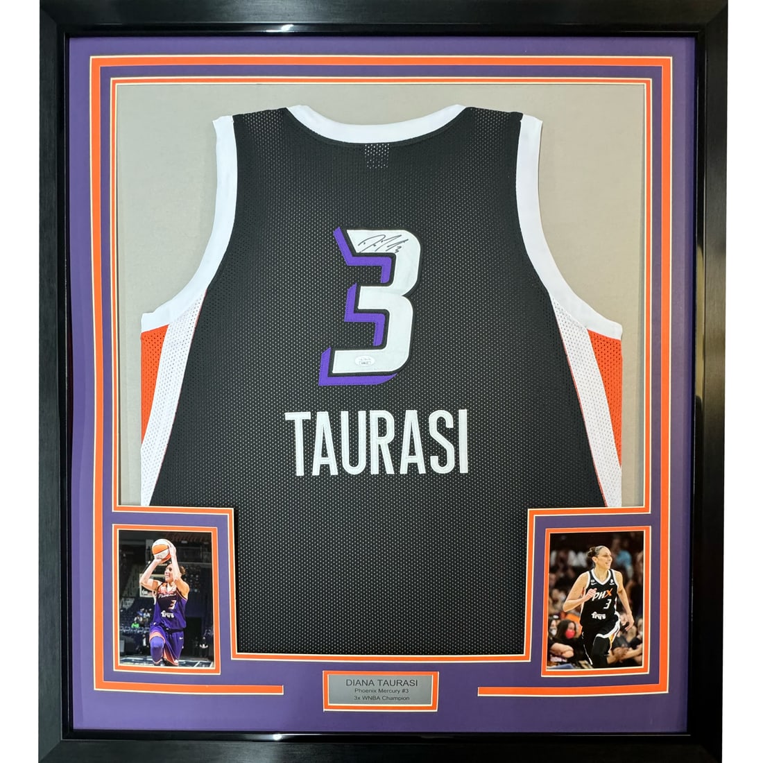 Framed Signed Diana Taurasi Phoenix Mercury Jersey with JSA Authentication: Framed Signed Diana Taurasi Phoenix Mercury Jersey with JSA Authentication Celebrate the legacy of WNBA superstar Diana Taurasi with this professionally framed and matted autographed black jersey from