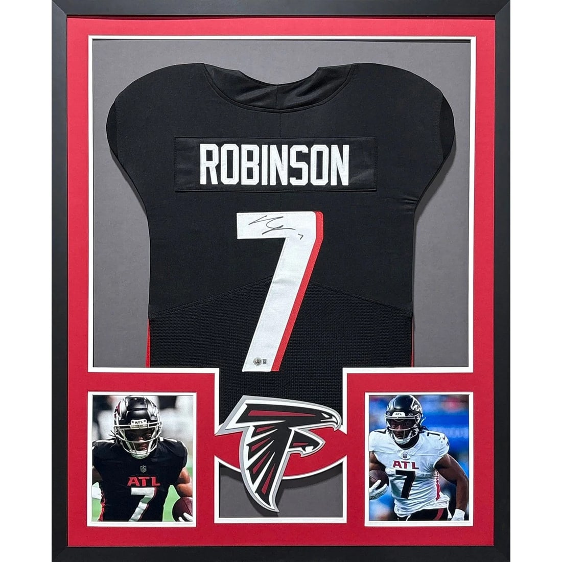 Framed Atlanta Falcons Bijan Robinson Signed Jersey Beckett Authenticated: Framed Atlanta Falcons Bijan Robinson Signed Jersey Beckett Authenticated This framed jersey features the autograph of Bijan Robinson and is authenticated by Beckett with a tamper-proof sticker. The