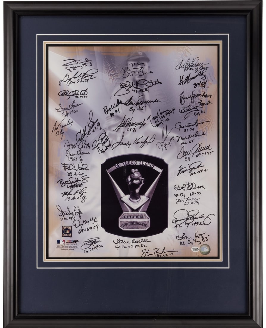 Sandy Koufax Signed Cy Young Winners 25x29 Photo 37 Autographs PSA JSA: Sandy Koufax Signed Cy Young Winners 25x29 Photo 37 Autographs PSA JSA This impressive oversized 25x29 photo features the signatures of an outstanding collection of Cy Young Award winners, including l