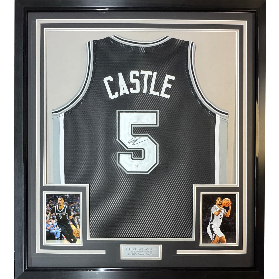 Framed Autographed Stephon Castle San Antonio Spurs Jersey JSA COA 35x39: Framed Autographed Stephon Castle San Antonio Spurs Jersey JSA COA 35x39 Celebrate your love for basketball with this professionally framed autographed Stephon Castle San Antonio Spurs black jersey. T