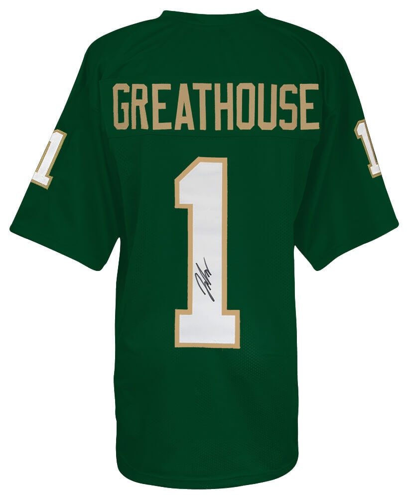 Jaden Greathouse Signed Notre Dame Green Football Jersey with COA: Jaden Greathouse Signed Notre Dame Green Football Jersey with COA This is a Jaden Greathouse signed green custom college football jersey representing the Notre Dame Fighting Irish. The jersey is an or