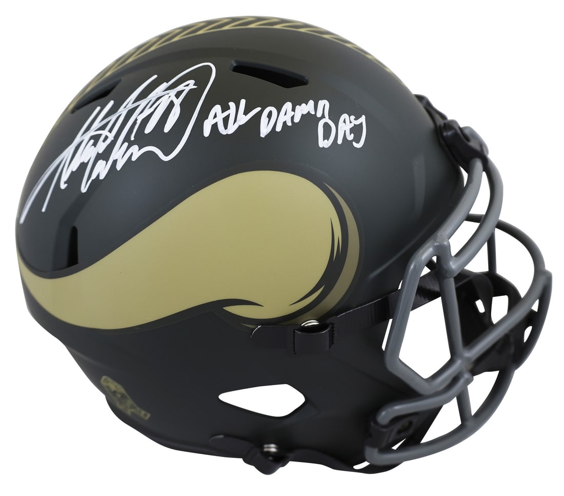 Adrian Peterson Signed Vikings Salute To Service Helmet BAS Authenticated: Adrian Peterson Signed Vikings Salute To Service Helmet BAS Authenticated This authentic Adrian Peterson "All Damn Day" signed Riddell Full Size Speed Replica Helmet is a must-have for any Minnesota V