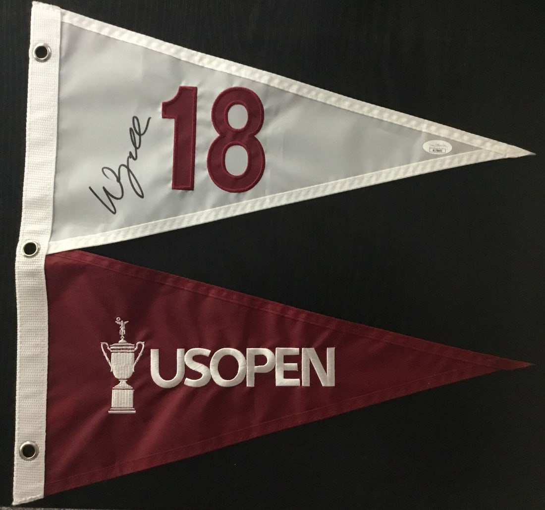 Wyndam Clark Signed 2023 US Open #18 Pin Flag JSA Authenticated: Wyndam Clark Signed 2023 US Open #18 Pin Flag JSA Authenticated Celebrate the achievement of Wyndam Clark with this official 2023 123rd US Open Golf #18 pin flag, beautifully signed by the PGA star. T