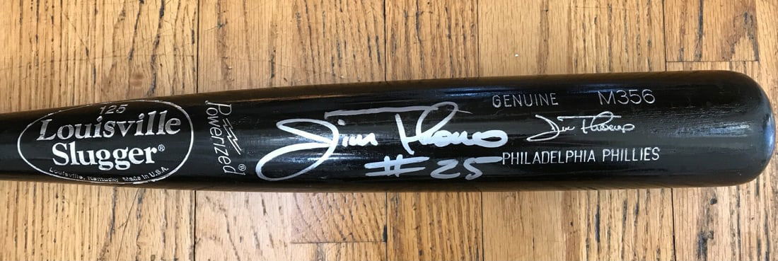 Jim Thome Signed Game-Issued Louisville M356 Bat #25 Inscription: Jim Thome Signed Game-Issued Louisville M356 Bat #25 Inscription This authentic Jim Thome signed game-issued bat is a must-have for any baseball enthusiast. Crafted from black Louisville model M356, t