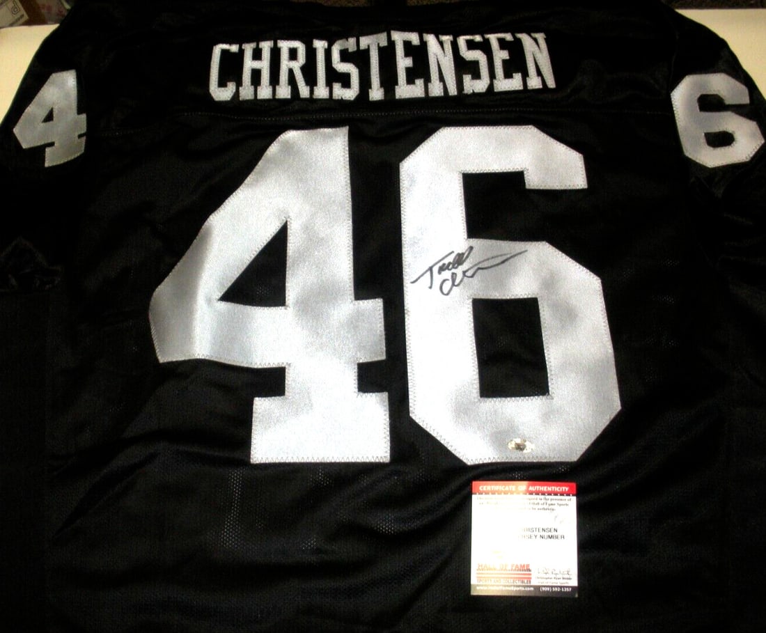 Todd Christensen Oakland Raiders Signed Rawlings Jersey with COA: Todd Christensen Oakland Raiders Signed Rawlings Jersey with COA This official licensed Rawlings jersey features the signature of Todd Christensen, a celebrated player of the Oakland Raiders. It is a