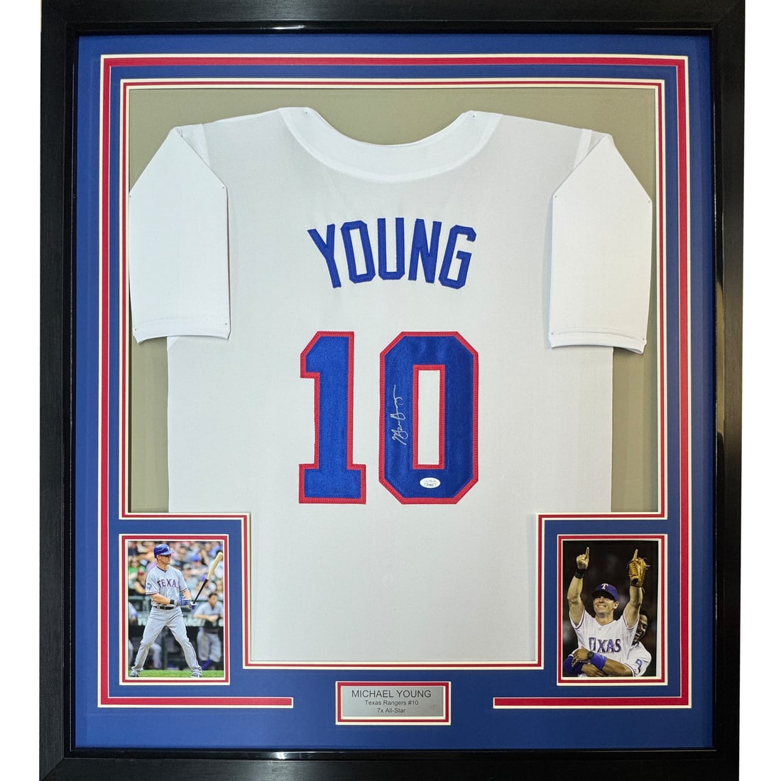 Framed Michael Young Autographed Texas Rangers Jersey with JSA COA: Framed Michael Young Autographed Texas Rangers Jersey with JSA COA Celebrate your love for baseball with this professionally framed and matted autographed Michael Young Texas Rangers jersey. Measuring