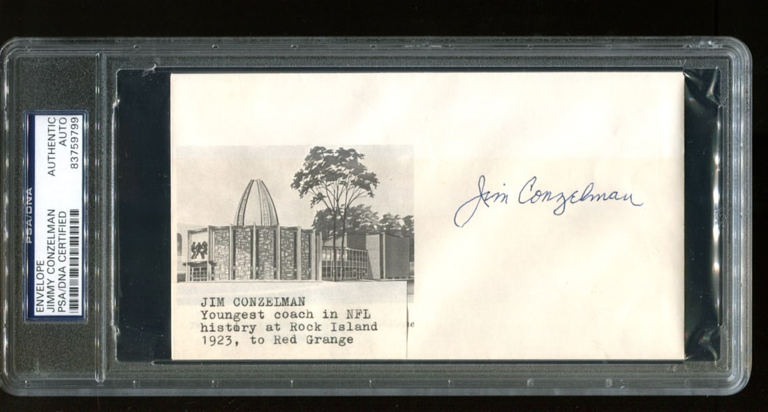 Jim Conzelman Autographed FDC PSA/DNA Football Memorabilia 1970: Jim Conzelman Autographed FDC PSA/DNA Football Memorabilia 1970 This item features a signed First Day Cover (FDC) autographed by Jim Conzelman, an authentic piece for football enthusiasts. The autogra