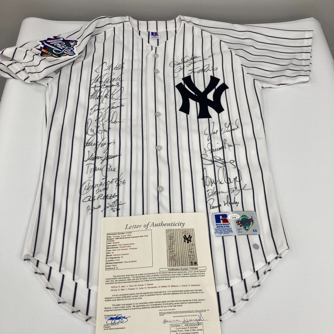 1998 New York Yankees Signed Jersey Derek Jeter 20 Autographs JSA COA: 1998 New York Yankees Signed Jersey Derek Jeter 20 Autographs JSA COA Celebrate the legacy of the 1998 New York Yankees with this original, team-signed World Series jersey featuring the iconic player