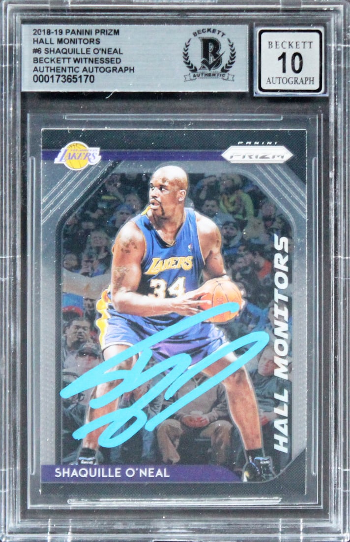 Shaquille O'Neal Signed 2018 Panini Prizm Hall Monitors #6 Gem Mint 10 Beckett Authenticated: Shaquille O'Neal Signed 2018 Panini Prizm Hall Monitors #6 Gem Mint 10 Beckett Authenticated Celebrate a piece of basketball history with this 2018 Panini Prizm Hall Monitors #6 card, personally signe