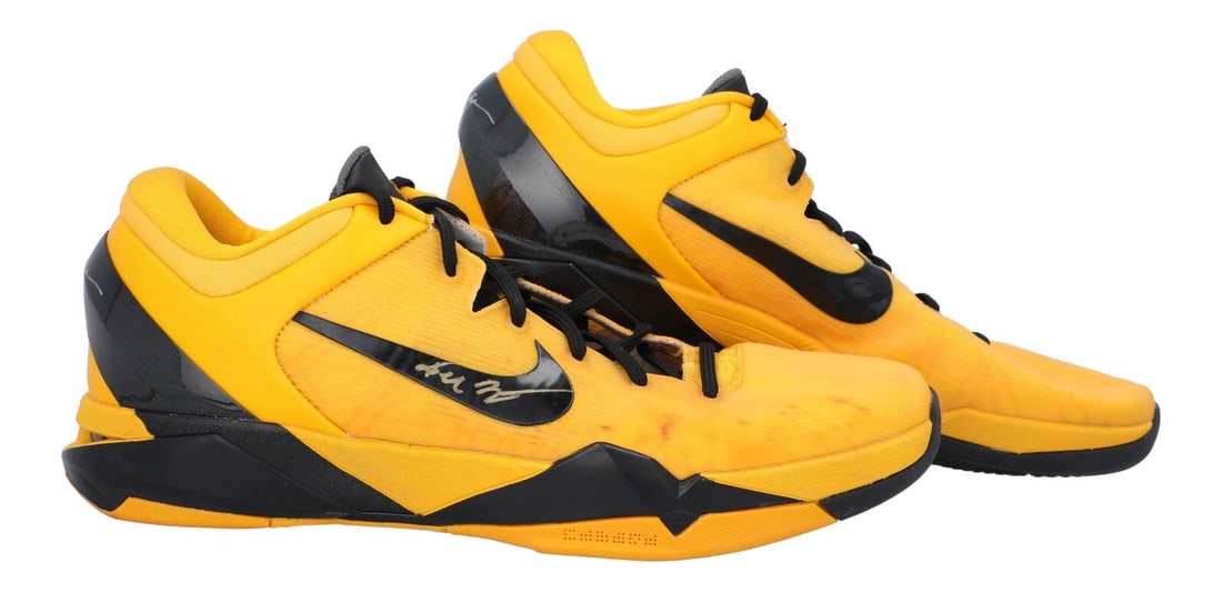 Kobe Bryant 2012 Playoffs Signed Game Used Sneakers Panini COA 1/1: Kobe Bryant 2012 Playoffs Signed Game Used Sneakers Panini COA 1/1 This pair of signed Nike Zoom Kobe VII sneakers, worn by Kobe Bryant during the 2012 NBA Playoffs, features a striking yellow design