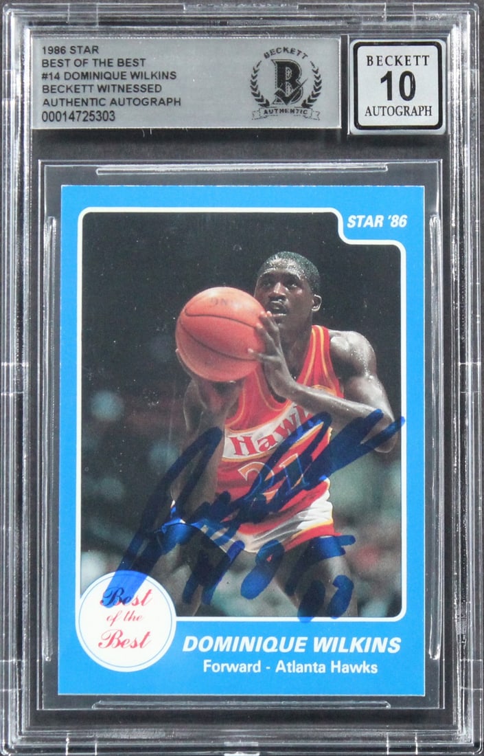 Dominique Wilkins Signed 1986 Star BOB #14 Card HOF 06 Beckett Gem Mint 10: Dominique Wilkins Signed 1986 Star BOB #14 Card HOF 06 Beckett Gem Mint 10 This is a remarkable autographed 1986 Star Best Of The Best #14 basketball card featuring Dominique Wilkins, a prominent play