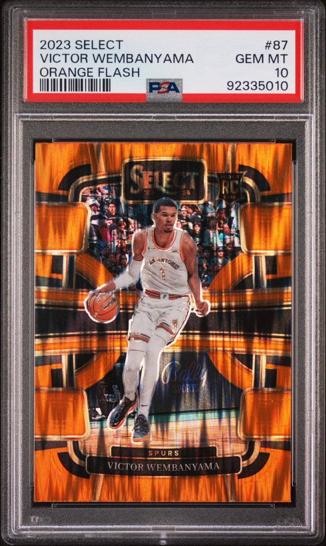 2023 Select Victor Wembanyama #87 Orange Flash RC Basketball Card PSA 10: 2023 Select Victor Wembanyama #87 Orange Flash RC Basketball Card PSA 10 This is a graded 2023 Select Victor Wembanyama #87 Orange Flash rookie basketball card, rated PSA 10 for its exceptional condit