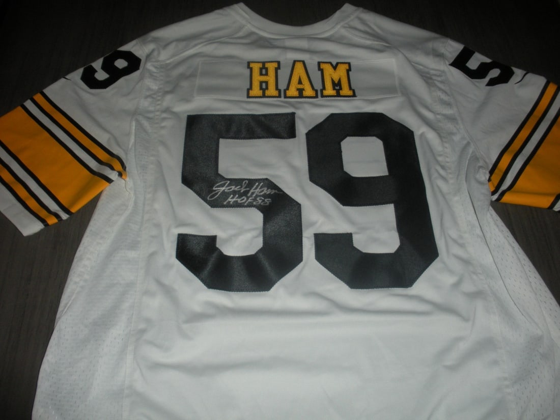 Jack Ham Pittsburgh Steelers Signed Nike Jersey with COA: Jack Ham Pittsburgh Steelers Signed Nike Jersey with COA This is an official licensed Nike jersey, featuring the signature of Jack Ham, a legendary player of the Pittsburgh Steelers. This pre-owned je
