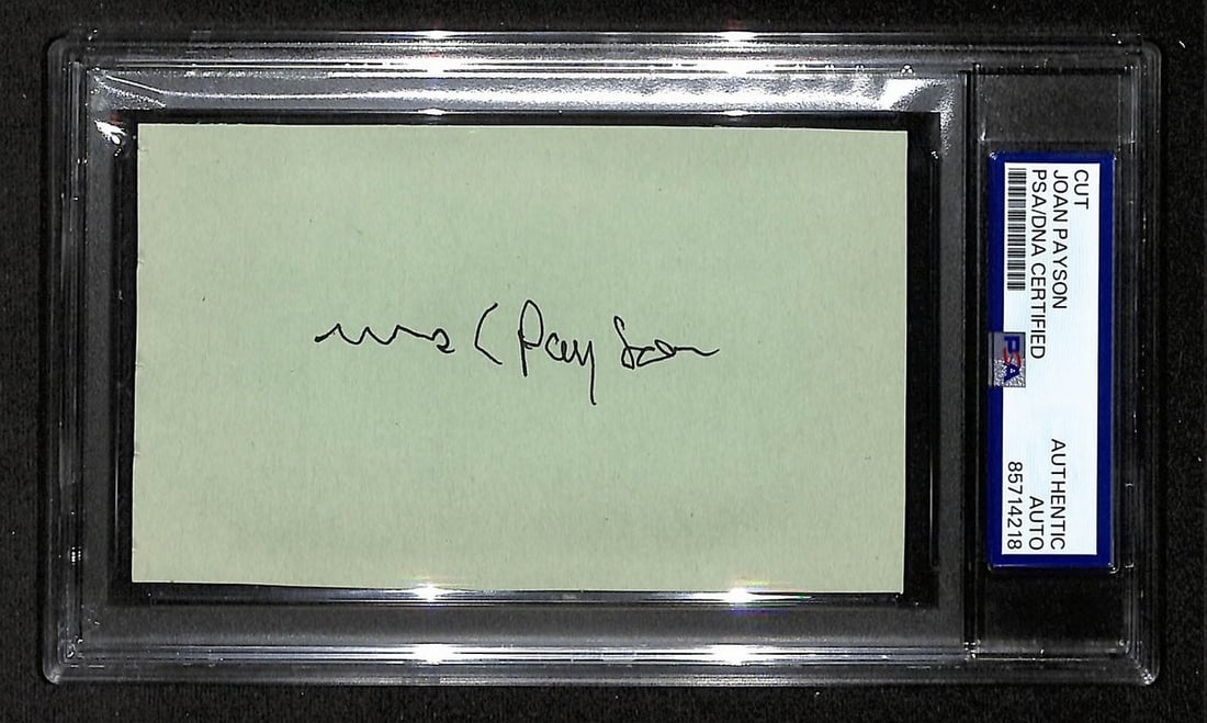 Joan Payson Autographed 3x5 Index Card New York Mets PSA DNA Certified: Joan Payson Autographed 3x5 Index Card New York Mets PSA DNA Certified This is an original 3x5 index card featuring the autograph of Joan Payson, associated with the New York Mets. The card has been a