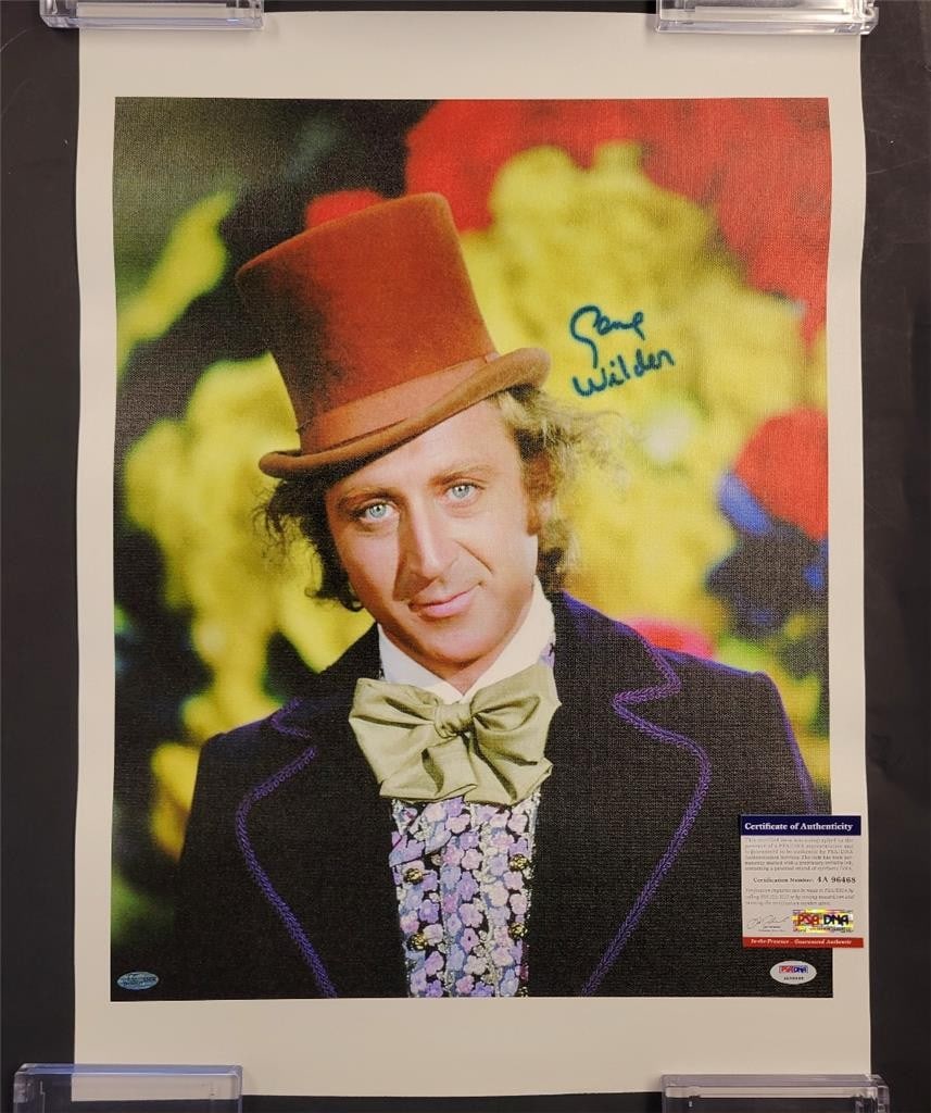 Gene Wilder Autographed 16x20 Willy Wonka Canvas Photo PSA/DNA: Gene Wilder Autographed 16x20 Willy Wonka Canvas Photo PSA/DNA This stunning 16x20 canvas photo features a vibrant image from the classic film 'Willy Wonka and the Chocolate Factory,' beautifully sign