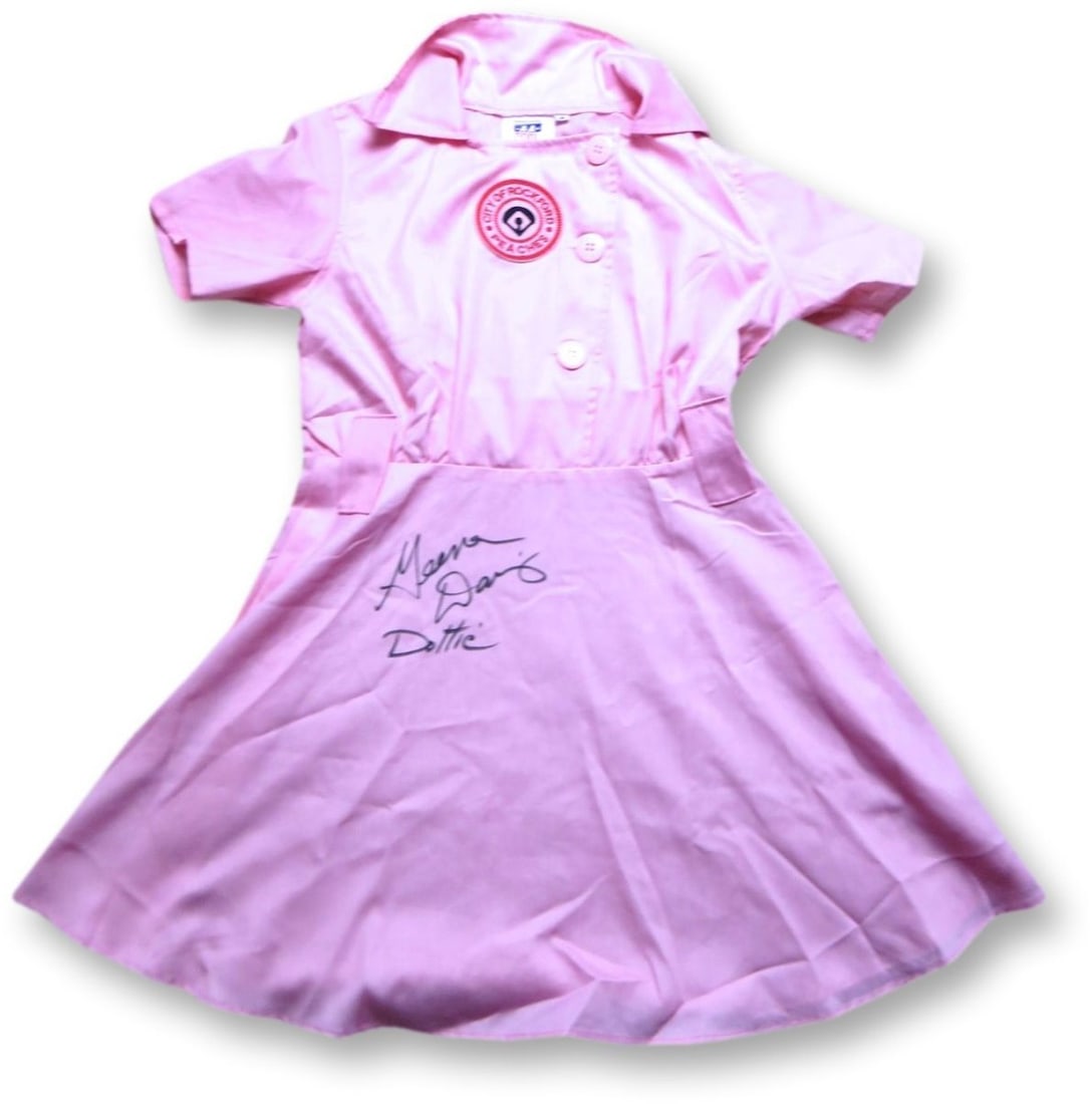Geena Davis Signed Dottie Jersey Dress JSA Authenticated XL: Geena Davis Signed Dottie Jersey Dress JSA Authenticated XL This is an authentic Geena Davis signed jersey dress, famously known as 'Dottie' from the movie 'A League of Their Own'. The dress is a size