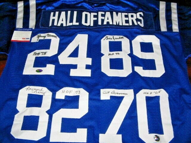 Baltimore Colts Signed Jersey by Donovan Moore Berry Marchetti: Baltimore Colts Signed Jersey by Donovan Moore Berry Marchetti Celebrate football history with this signed jersey featuring Hall of Famers Art Donovan, Lenny Moore, Raymond Berry, and Gino Marchetti f