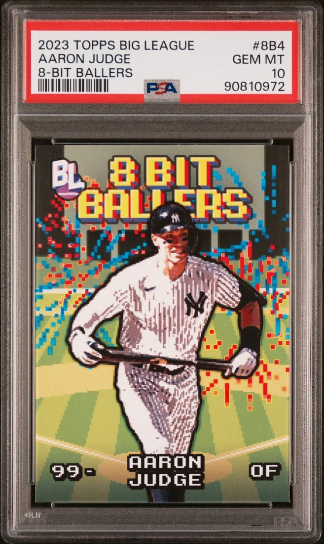 2023 Topps Big League Aaron Judge #8B4 PSA 10 8-Bit Ballers Baseball Card: 2023 Topps Big League Aaron Judge #8B4 PSA 10 8-Bit Ballers Baseball Card This is a graded 2023 Topps Big League Aaron Judge #8B4 8-Bit Ballers Baseball Card, featuring the renowned MLB player Aaron J