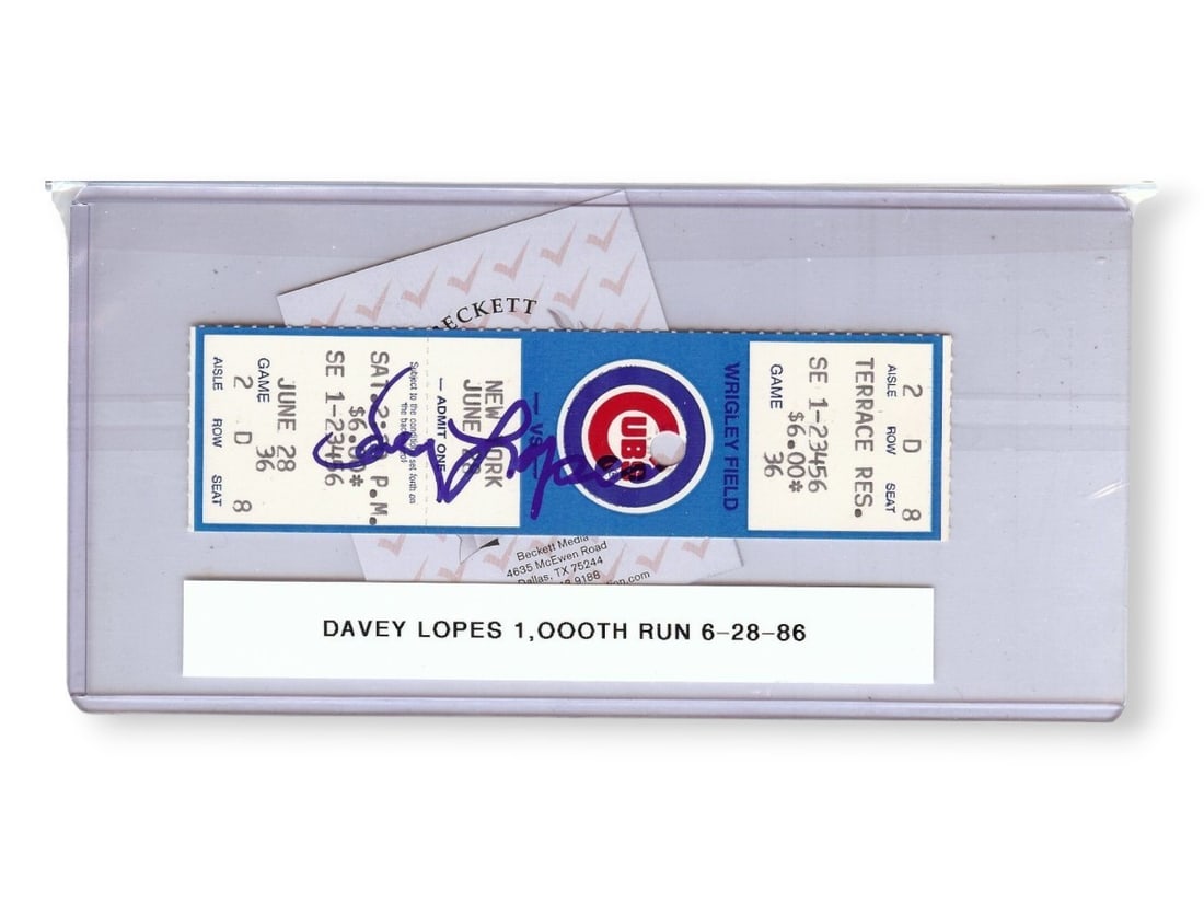 Davey Lopes Autographed Ticket Cubs 1000th Run June 28 1986 Beckett Authenticated: Davey Lopes Autographed Ticket Cubs 1000th Run June 28 1986 Beckett Authenticated Celebrate a piece of baseball history with this authentic Davey Lopes signed ticket stub from the Chicago Cubs' 1000th