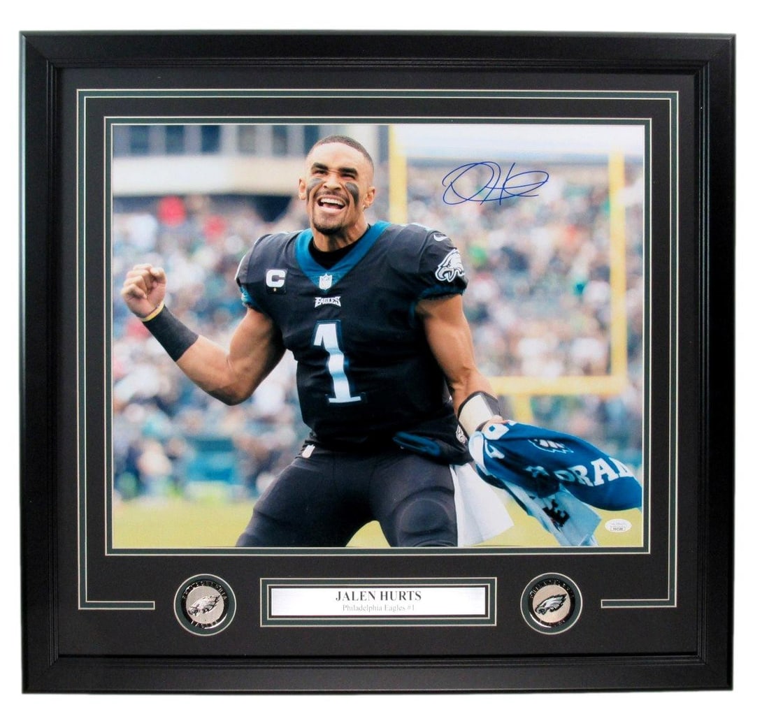 Jalen Hurts Autographed 16x20 Framed Photo Philadelphia Eagles JSA Certified: Jalen Hurts Autographed 16x20 Framed Photo Philadelphia Eagles JSA Certified This is an original Jalen Hurts autographed 16x20 photo of the Philadelphia Eagles, beautifully framed for display. The out