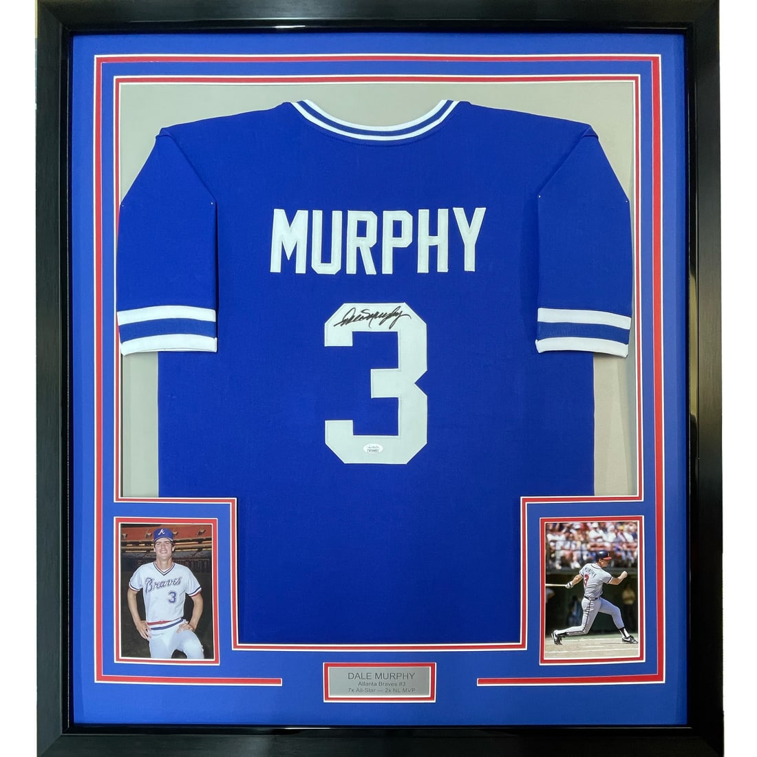 Framed Autographed Dale Murphy Atlanta Braves Jersey JSA COA 33x42: Framed Autographed Dale Murphy Atlanta Braves Jersey JSA COA 33x42 Celebrate the illustrious career of Dale Murphy with this professionally framed and matted autographed Atlanta Braves jersey. Measuri