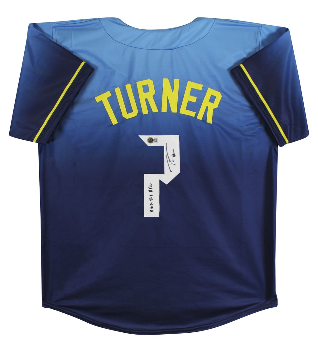 Trea Turner Signed Light Blue Jersey with Ring the Bell Inscription BAS Authenticated: Trea Turner Signed Light Blue Jersey with Ring the Bell Inscription BAS Authenticated Celebrate your love for the Philadelphia Phillies with this Trea Turner signed light blue pro style jersey. This o