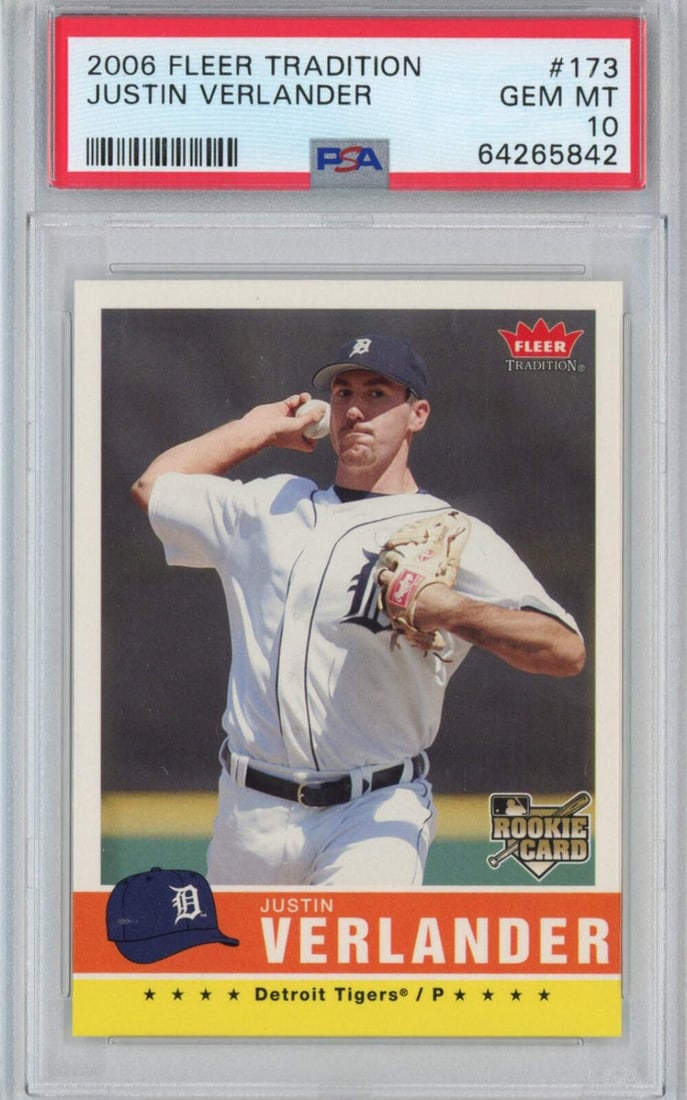 2006 Fleer Tradition Justin Verlander Rookie Card PSA 10 MLB: 2006 Fleer Tradition Justin Verlander Rookie Card PSA 10 MLB This is a graded 2006 Fleer Tradition Justin Verlander #173 Rookie RC Baseball Card, featuring the renowned MLB player from the Detroit Tig